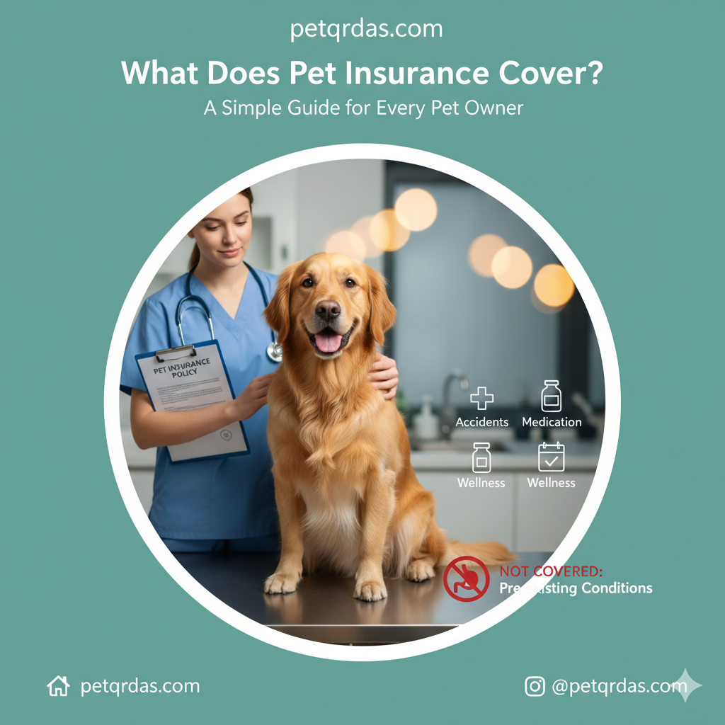 A dog at a vet clinic with a pet insurance document and a stethoscope petqrdas.com