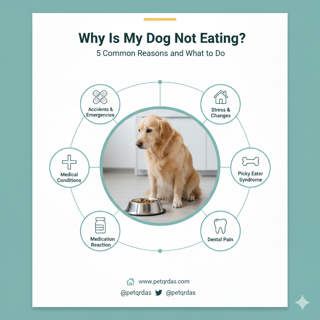 A sad dog sitting in front of a full food bowl petqrdas.com